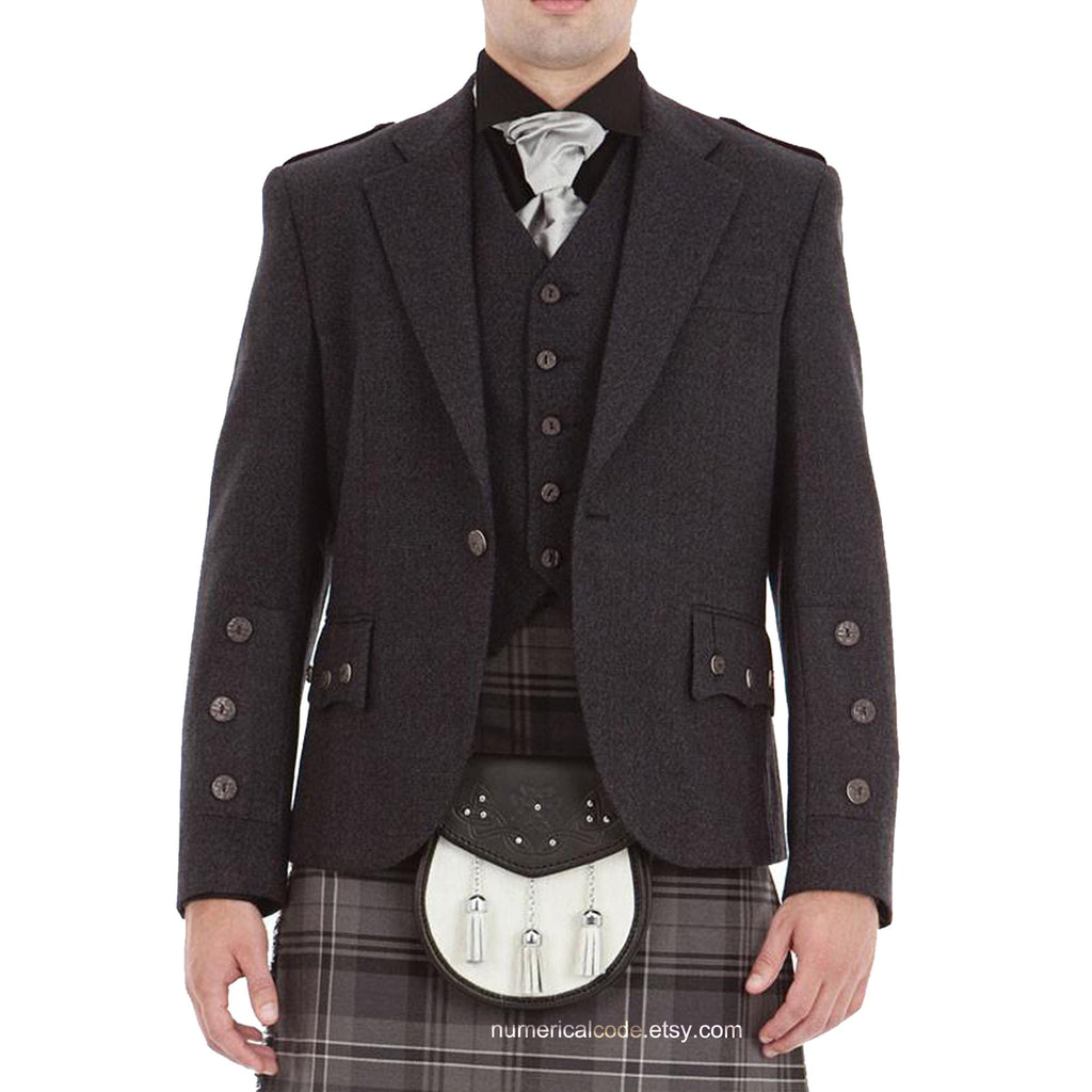 Men’s Wool Scottish Highland Braemar Argyle Kilt Jacket with Waistcoat - Grey Black