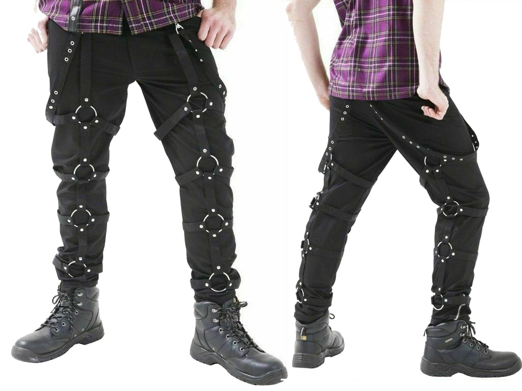 Men's Gothic Electro Bondage Techno Pant Black Punk Goth Round Circle in Trousers