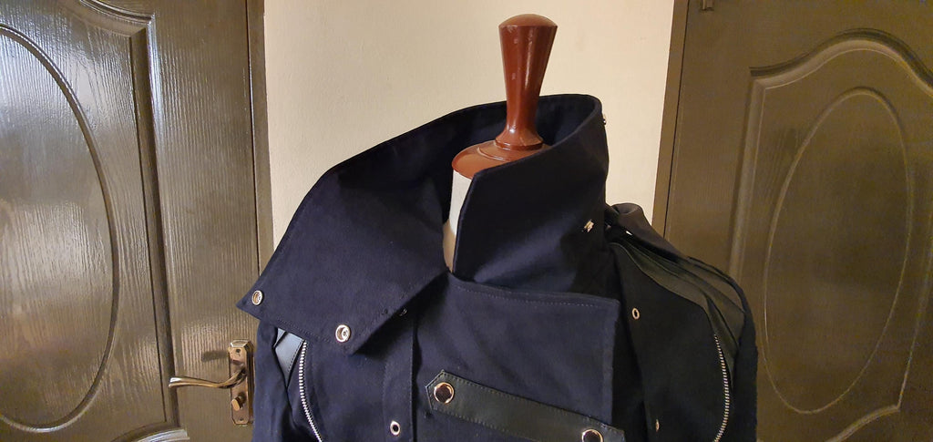 Men's Black Steampunk Military Trench Jacket Gothic Long Coat Scorpion Hooded Trench