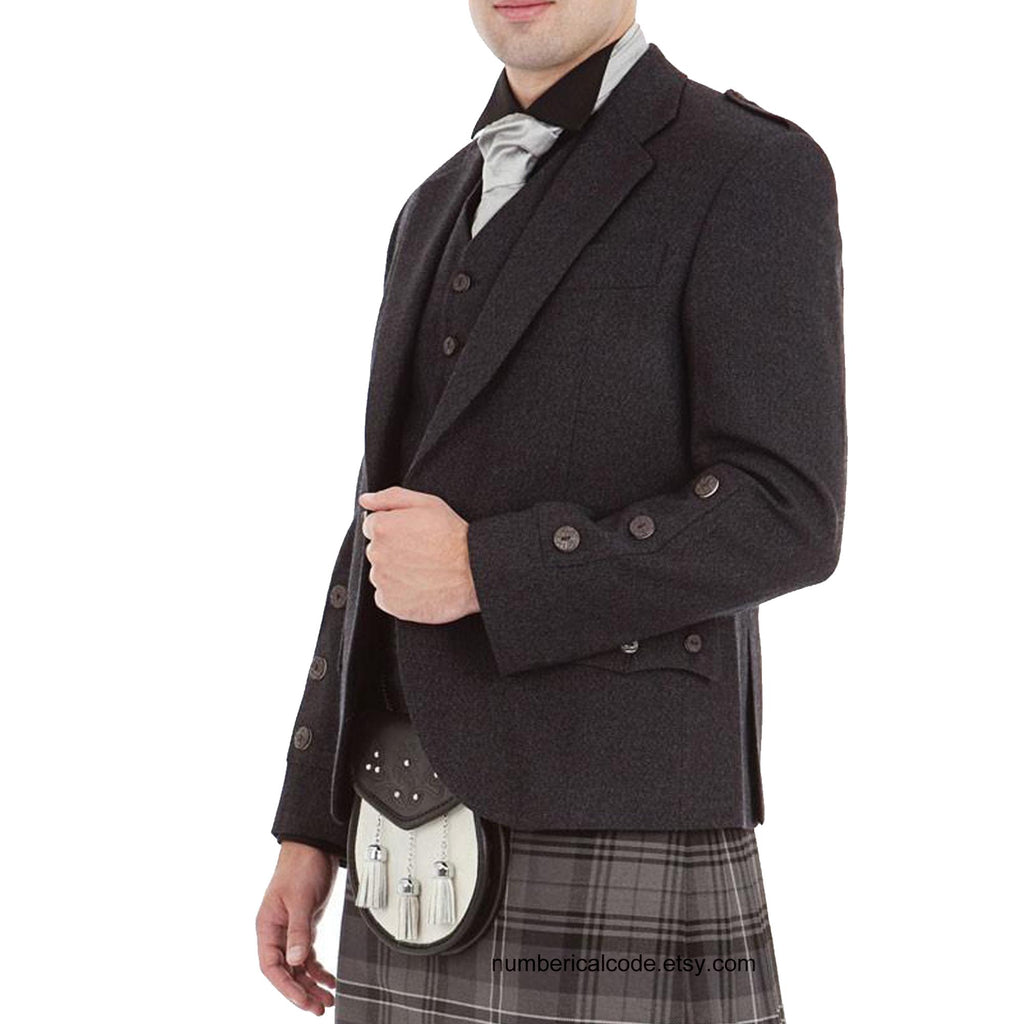 Men’s Wool Scottish Highland Braemar Argyle Kilt Jacket with Waistcoat - Grey Black