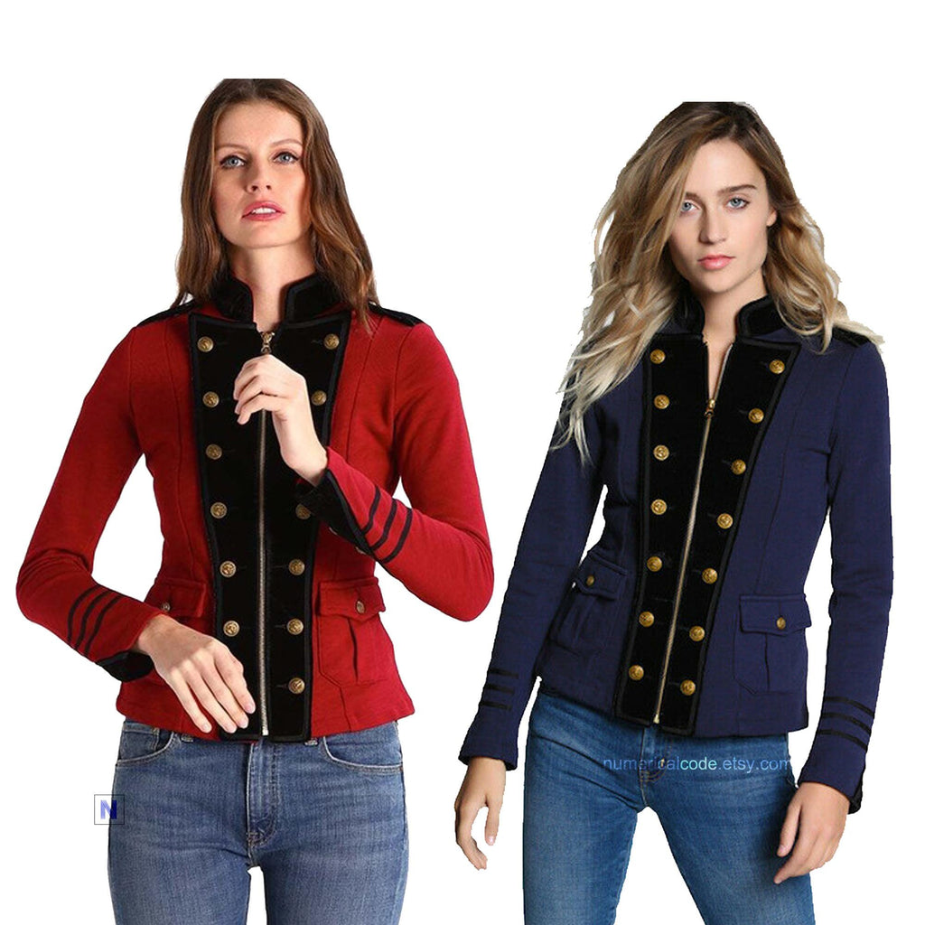 Women's Red & Blue Wool Military Jacket Army Commander Officer Band Trench Steampunk