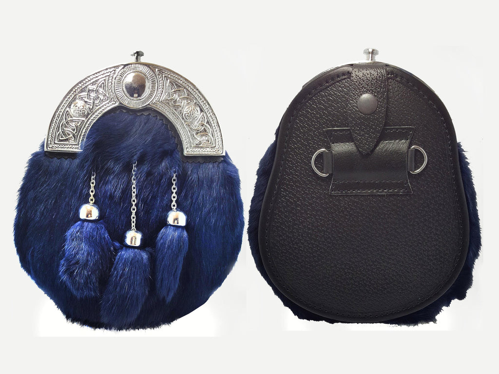 Blue Fur Sporran 3 Tassels Full Dress Kilt Sporran With Chain Belt