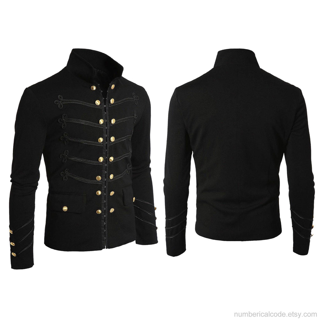 Men's Unique Modern Black Embroidery Black Military Napoleon Hook Jacket