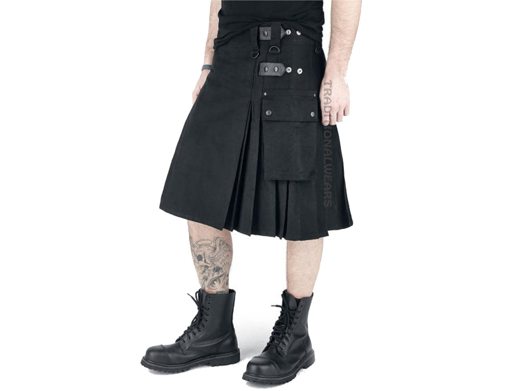 Men Black Active Modern Adjustable Leather Straps Heavy Duty Utility Kilt