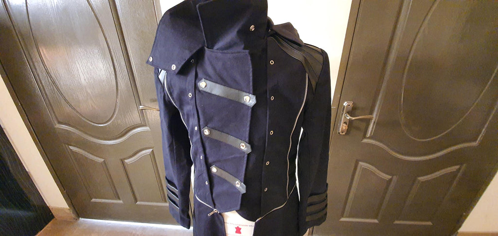 Men's Black Steampunk Military Trench Jacket Gothic Long Coat Scorpion Hooded Trench