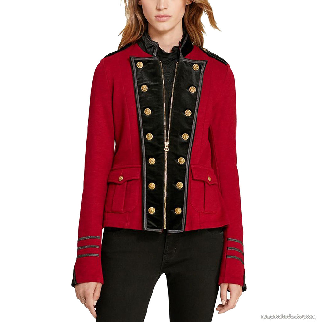 Women's Red & Blue Wool Military Jacket Army Commander Officer Band Trench Steampunk