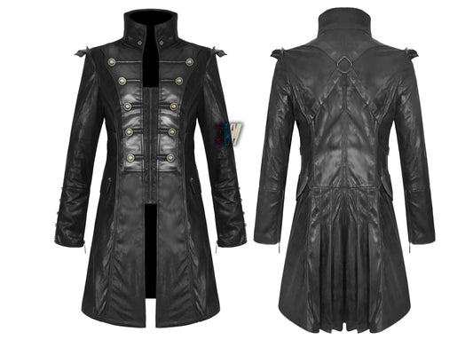 Men's Handmade Pirate Steampunk Jacket Black Goth Punk Faux Leather Military Coat