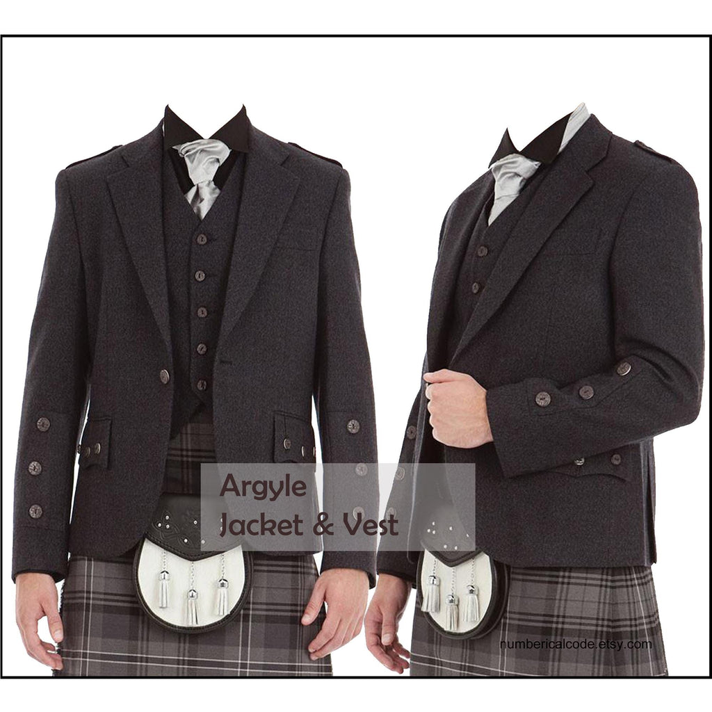 Men’s Wool Scottish Highland Braemar Argyle Kilt Jacket with Waistcoat - Grey Black