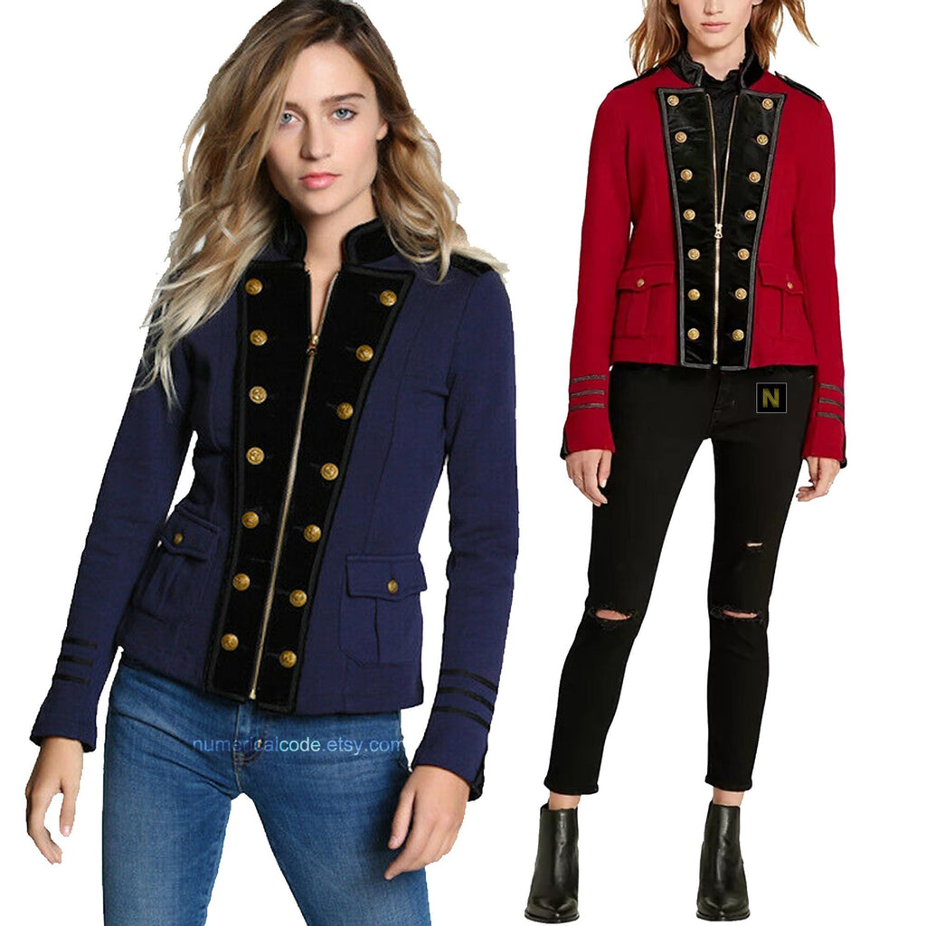 Women's Red & Blue Wool Military Jacket Army Commander Officer Band Trench Steampunk