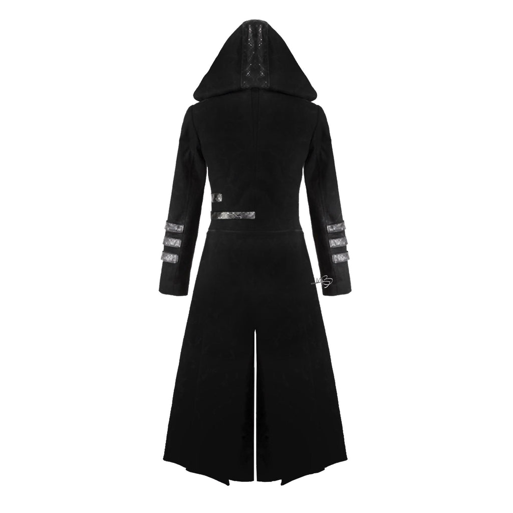 Men's Black Steampunk Military Trench Jacket Gothic Long Coat Scorpion Hooded Trench
