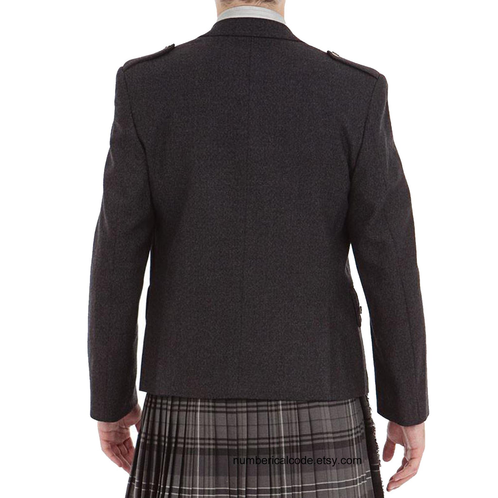 Men’s Wool Scottish Highland Braemar Argyle Kilt Jacket with Waistcoat - Grey Black