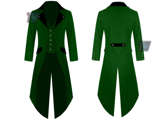 Men's Steampunk Tailcoat Jacket Red & Green Colors with Black Lapels Gothic Victorian Coat VTG