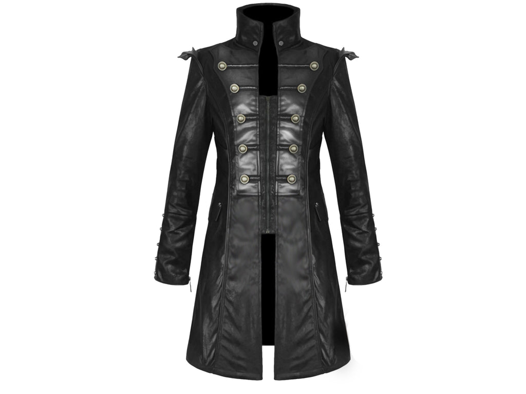 Men's Handmade Pirate Steampunk Jacket Black Goth Punk Faux Leather Military Coat