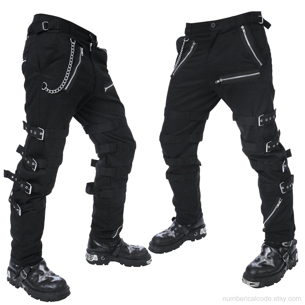 Men's Black Gothic Steampunk Punk Morte Pants Buckle Chain Trousers