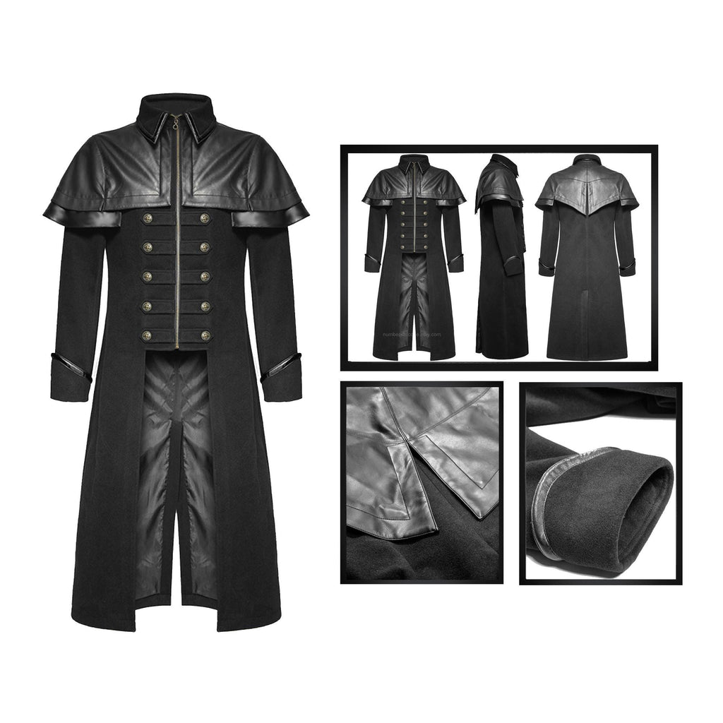 Men's Black Long Coat Gothic Highwayman Steampunk VTG Military Jacket