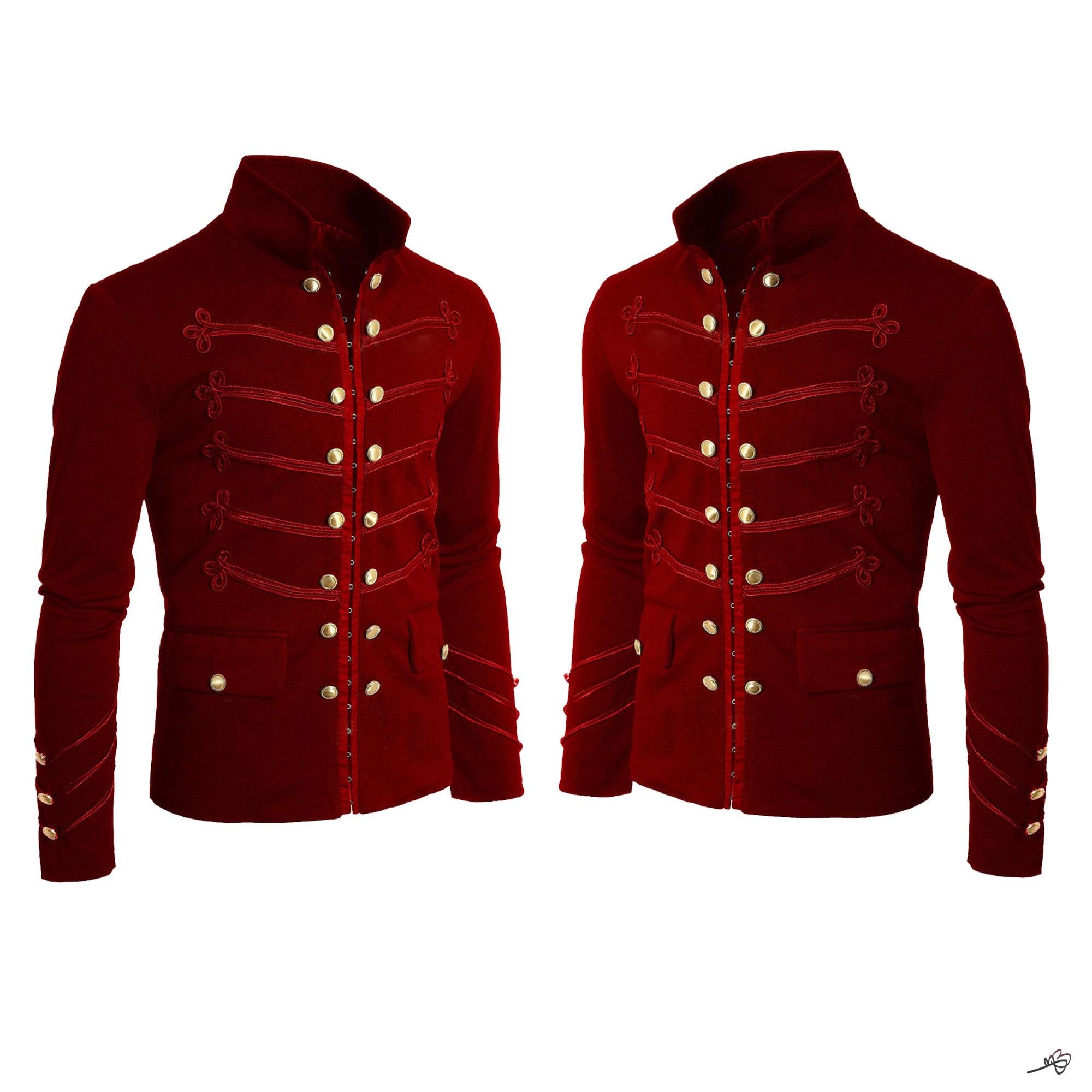 Men's Unique Modern Red Embroidery Red Velvet Military Napoleon Hook Jacket
