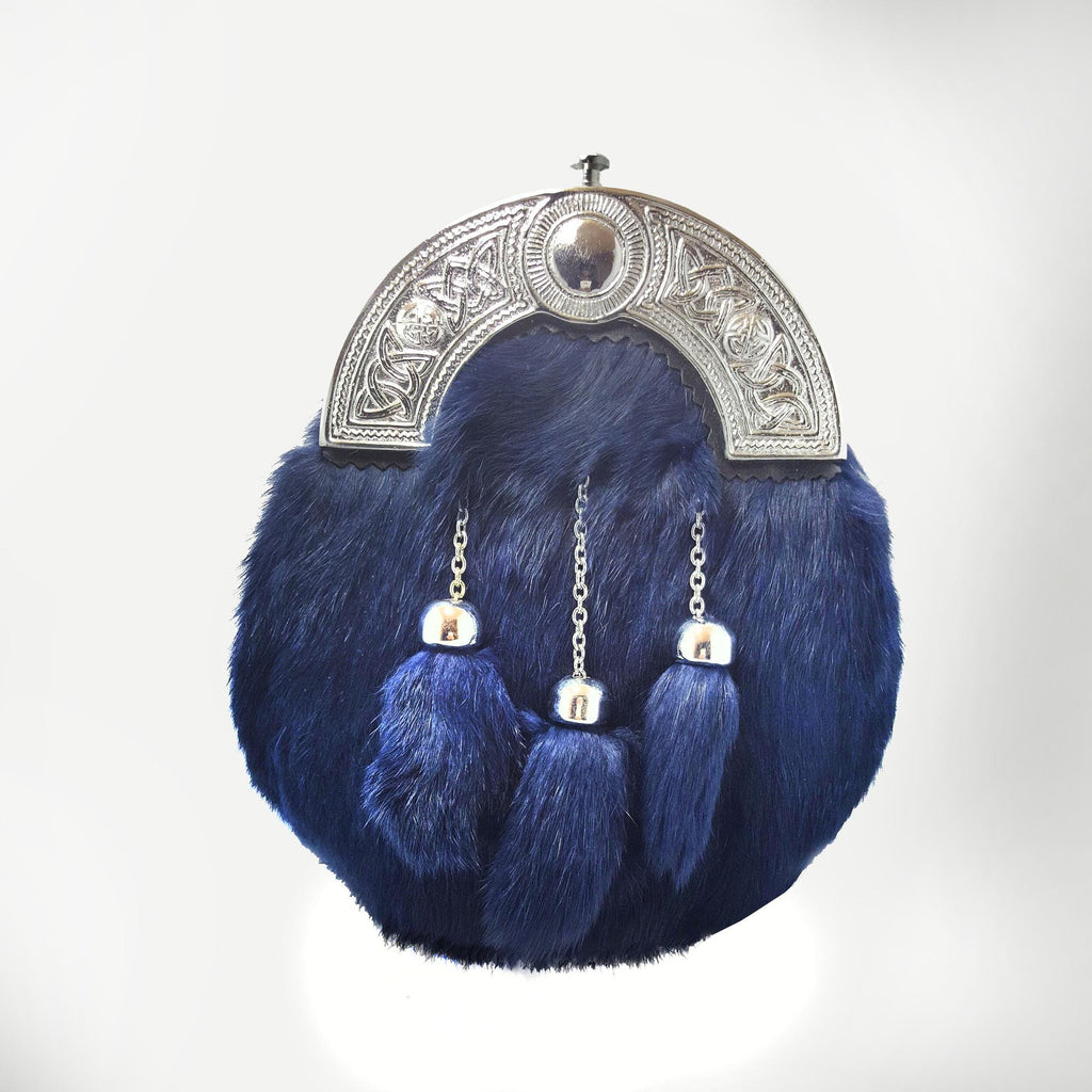 Blue Fur Sporran 3 Tassels Full Dress Kilt Sporran With Chain Belt