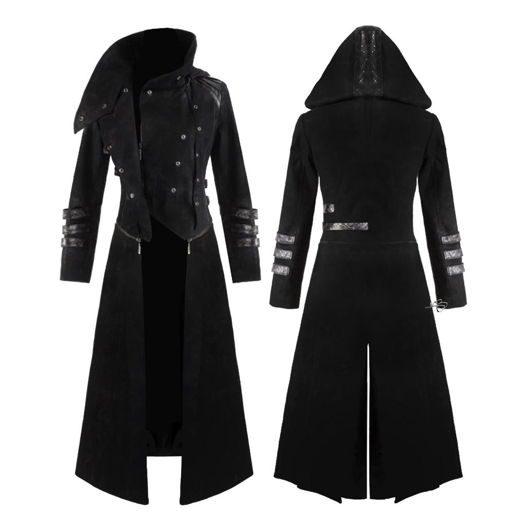 Men's Black Steampunk Military Trench Jacket Gothic Long Coat Scorpion Hooded Trench