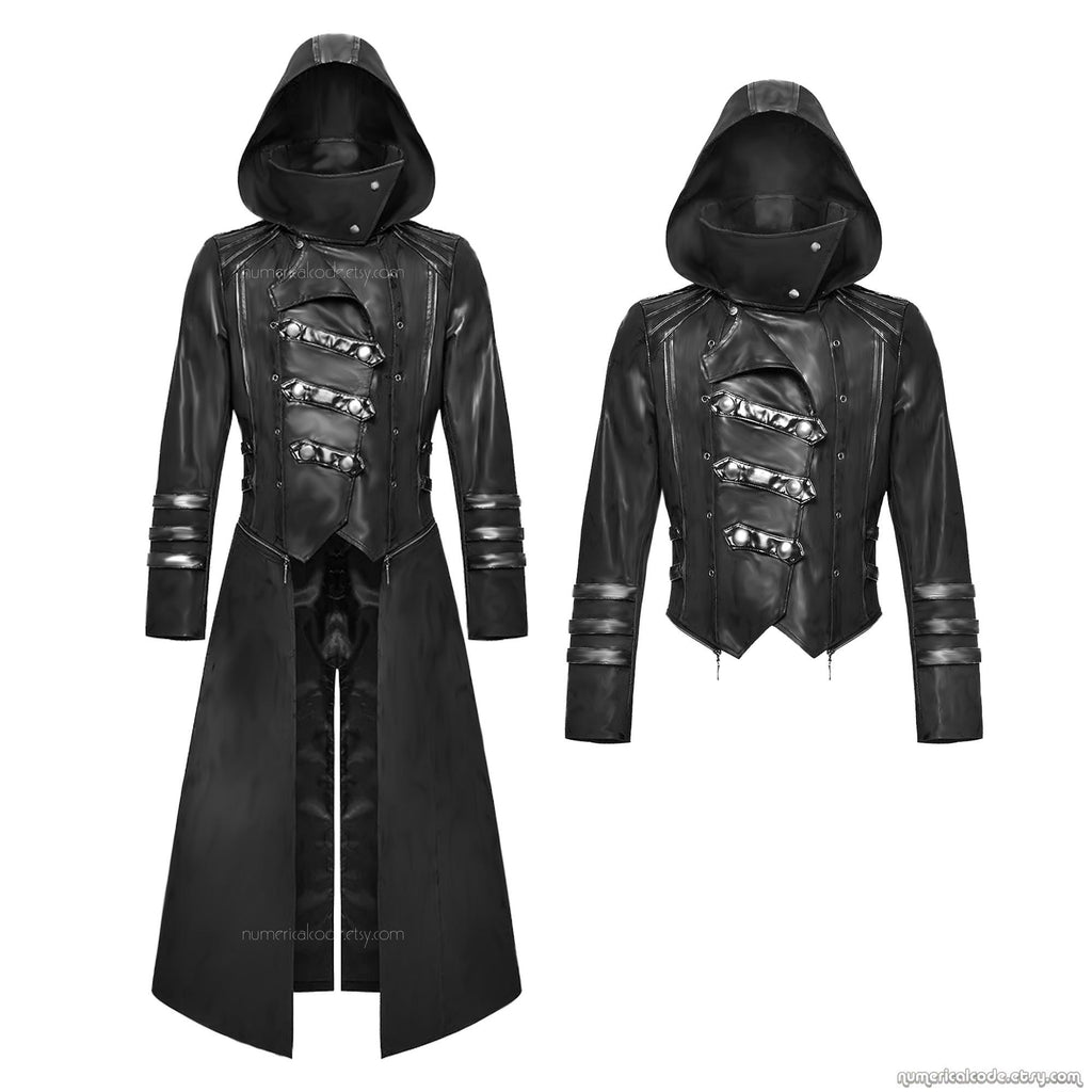 Men's Gothic Faux Leather Hooded Trench Coat - Steampunk Assassin Jacket