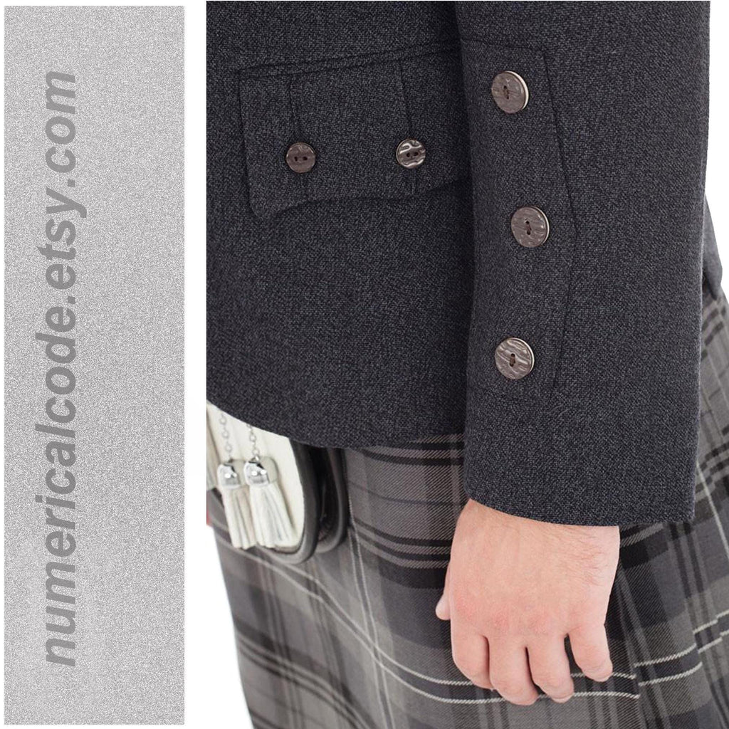 Men’s Wool Scottish Highland Braemar Argyle Kilt Jacket with Waistcoat - Grey Black