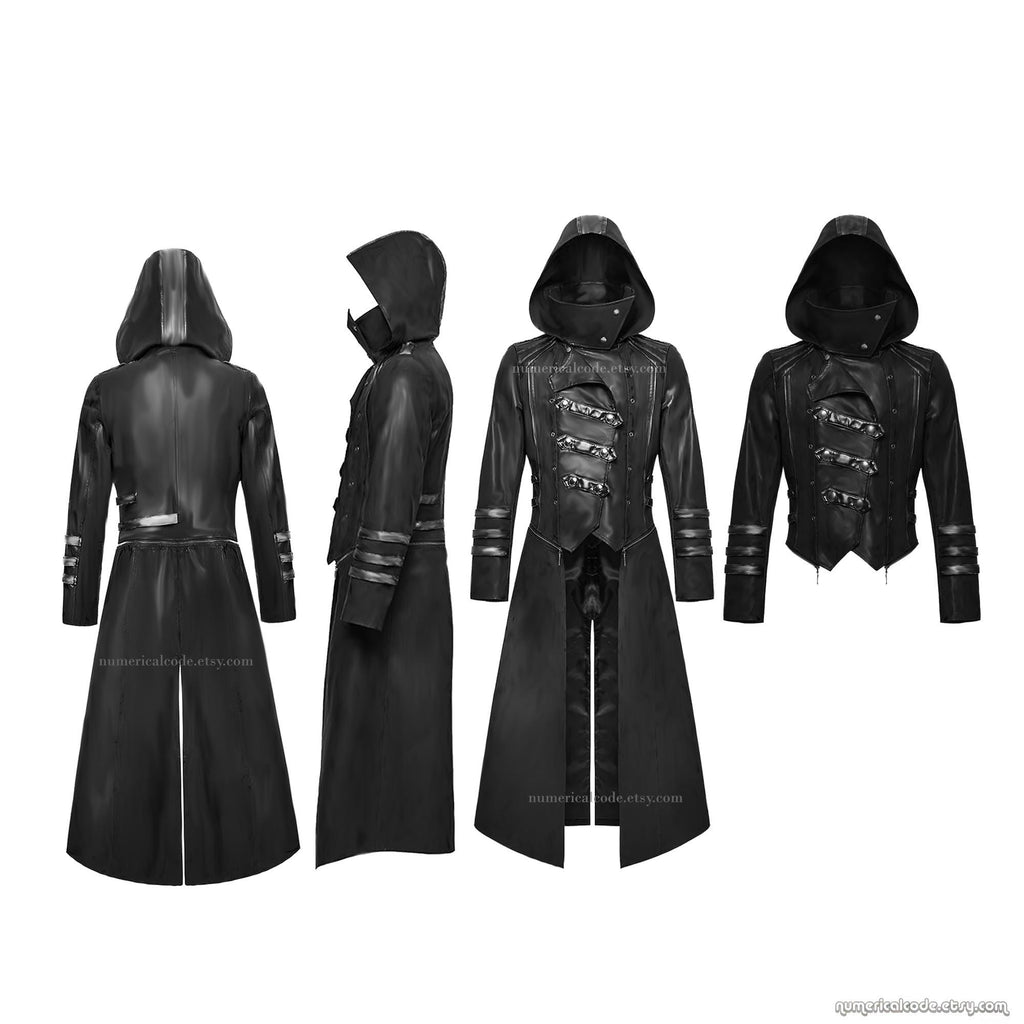 Men's Gothic Faux Leather Hooded Trench Coat - Steampunk Assassin Jacket