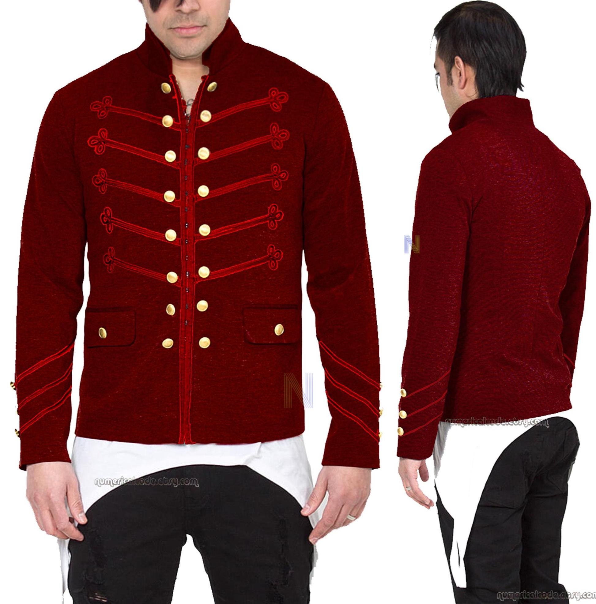 Men's Unique Modern Red Embroidery Red Velvet Military Napoleon Hook Jacket