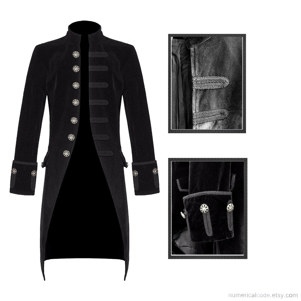 Men’s Velvet Frock Coat Gothic Victorian Jacket Steampunk Pirate Vampire Cosplay