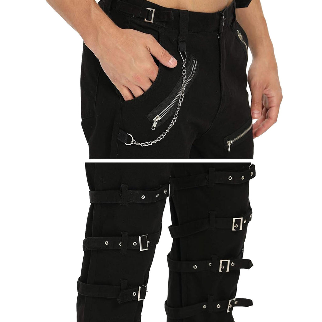 Men's Black Gothic Steampunk Punk Morte Pants Buckle Chain Trousers