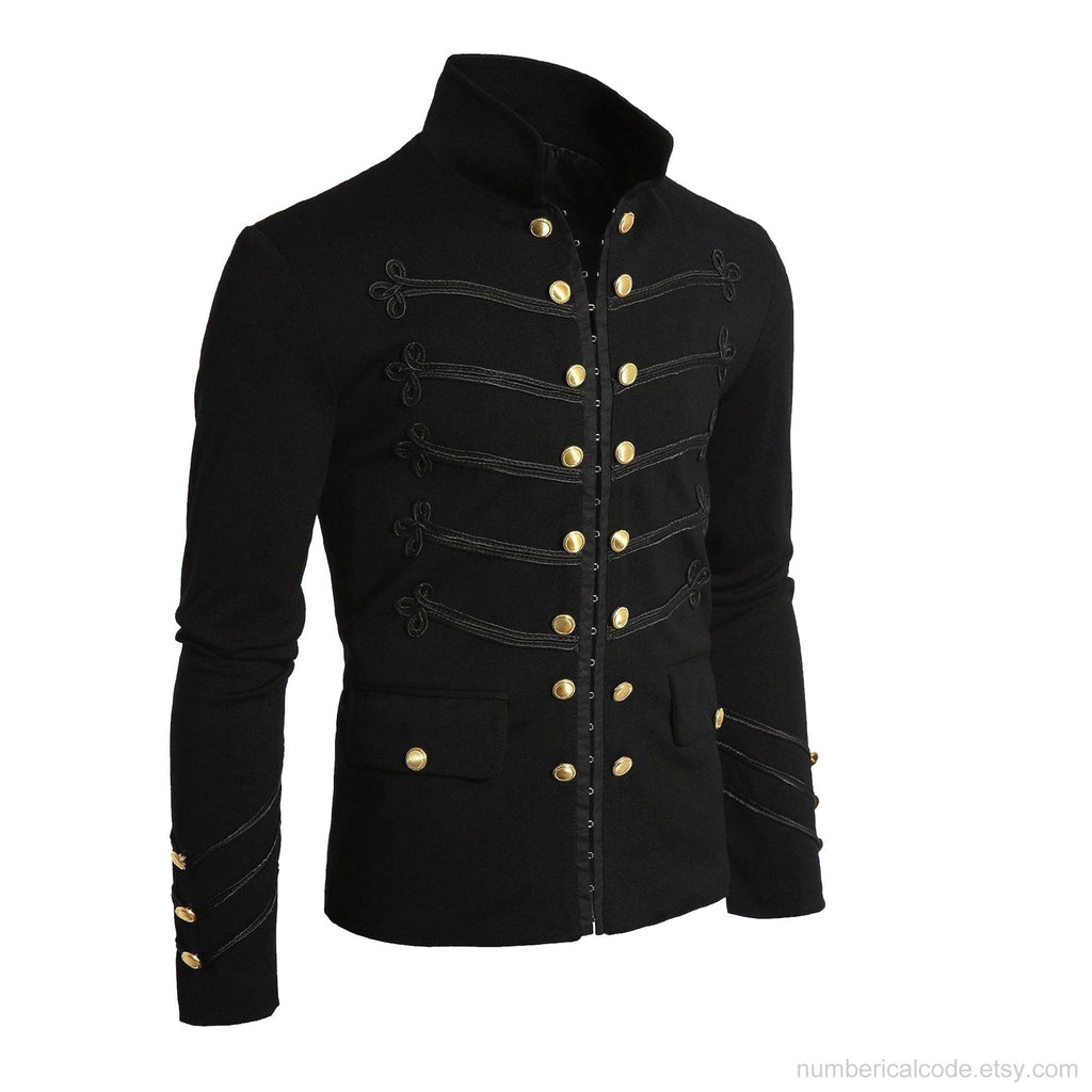 Men's Unique Modern Black Embroidery Black Military Napoleon Hook Jacket