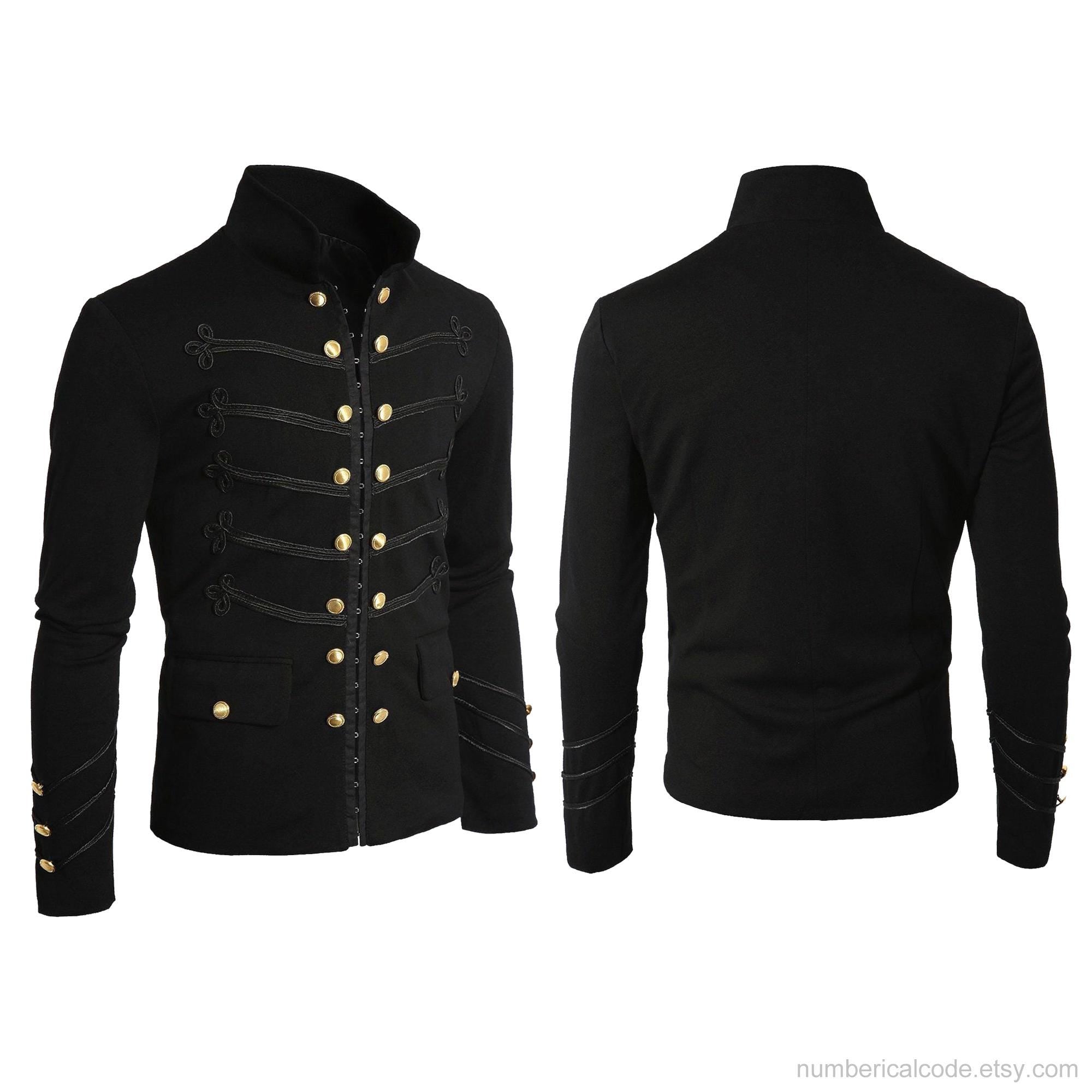 Men's Unique Modern Black Embroidery Black Military Napoleon Hook Jacket
