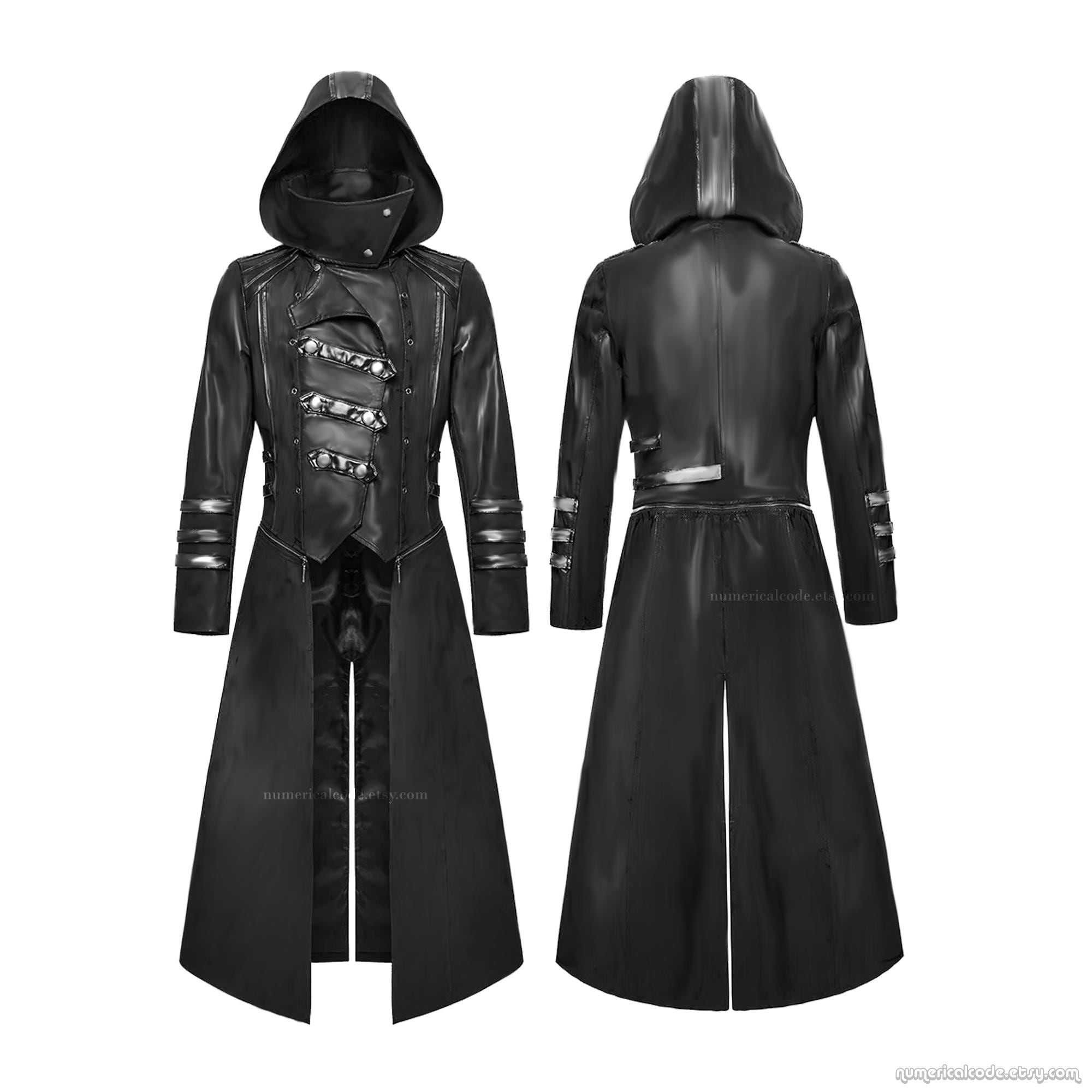 Men's Gothic Faux Leather Hooded Trench Coat - Steampunk Assassin Jacket