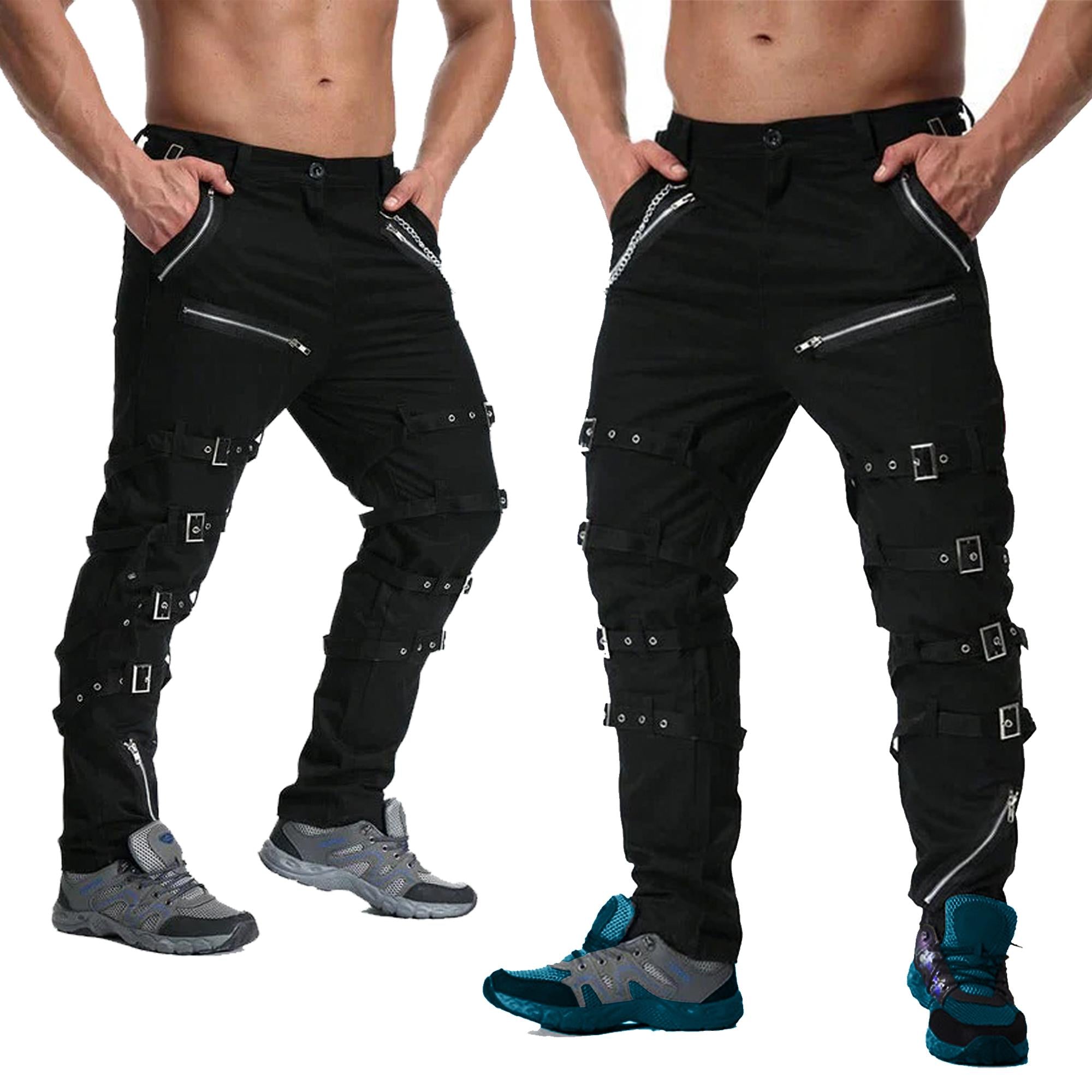 Men's Black Gothic Steampunk Punk Morte Pants Buckle Chain Trousers