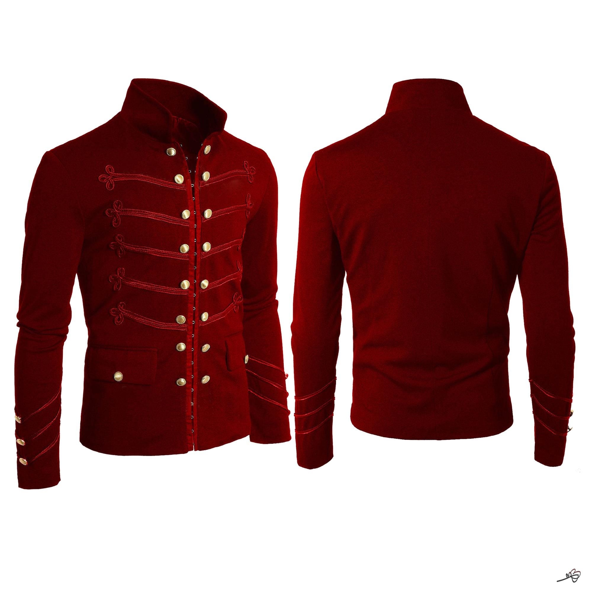 Men's Unique Modern Red Embroidery Red Velvet Military Napoleon Hook Jacket