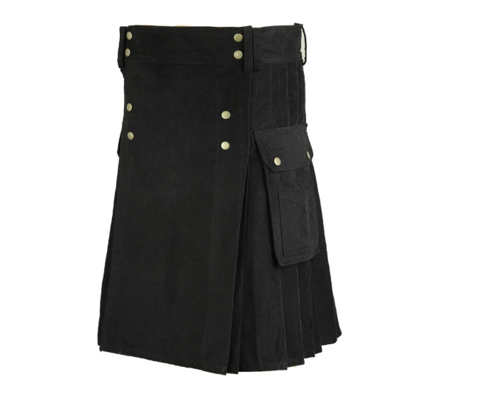 Black Active Men Deluxe Utility Kilt With Side Straps & Buckle Handmade Heavy Duty Cotton