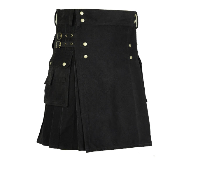 Black Active Men Deluxe Utility Kilt With Side Straps & Buckle Handmade Heavy Duty Cotton
