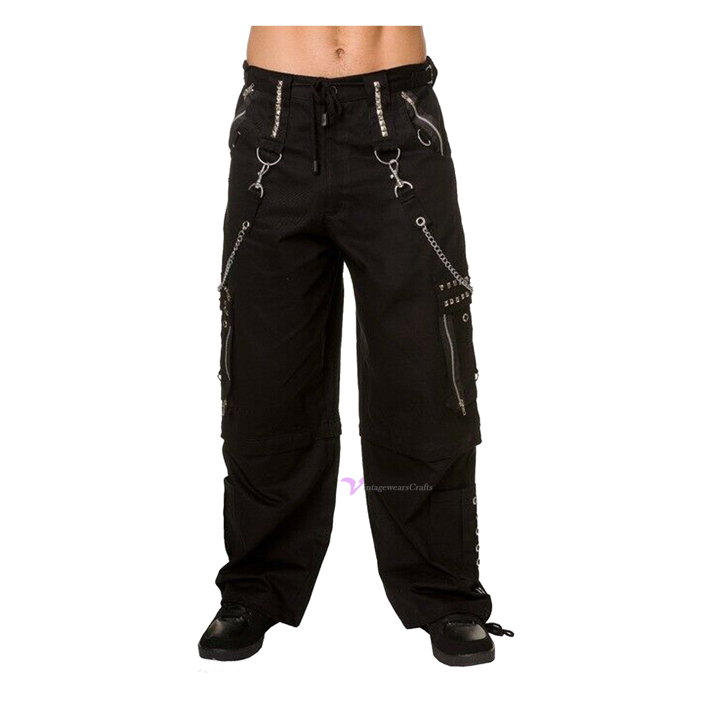 Men's Gothic Black Chrome Trousers Punk Rock Studs Metal And Chain Trouser Pant