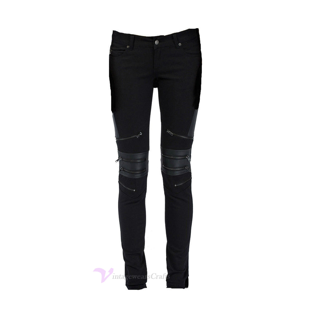 Gothic Moto Biker Jeans Skinny Zipper Punk Goth Vegi Leather Unisex Pants