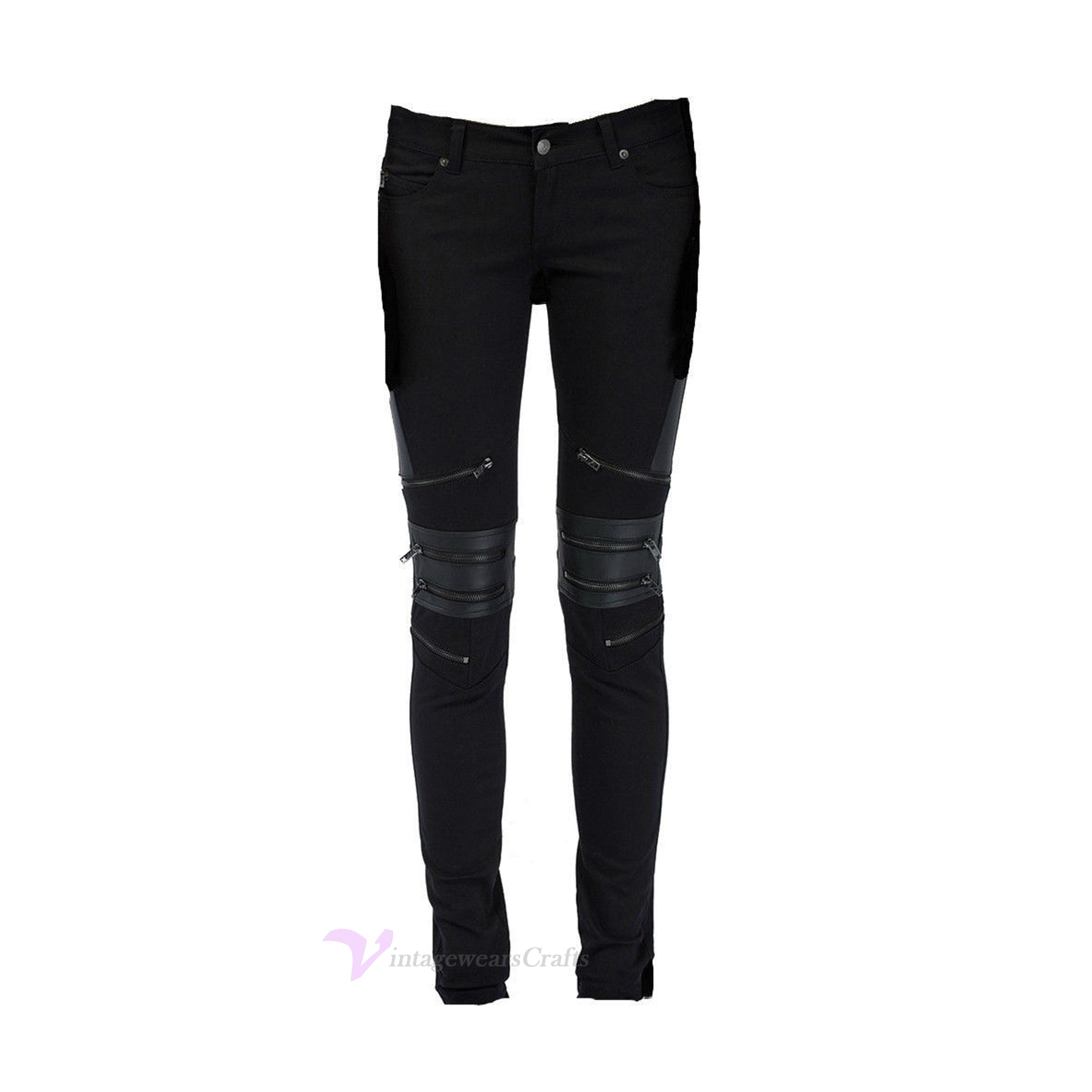 Gothic Moto Biker Jeans Skinny Zipper Punk Goth Vegi Leather Unisex Pants