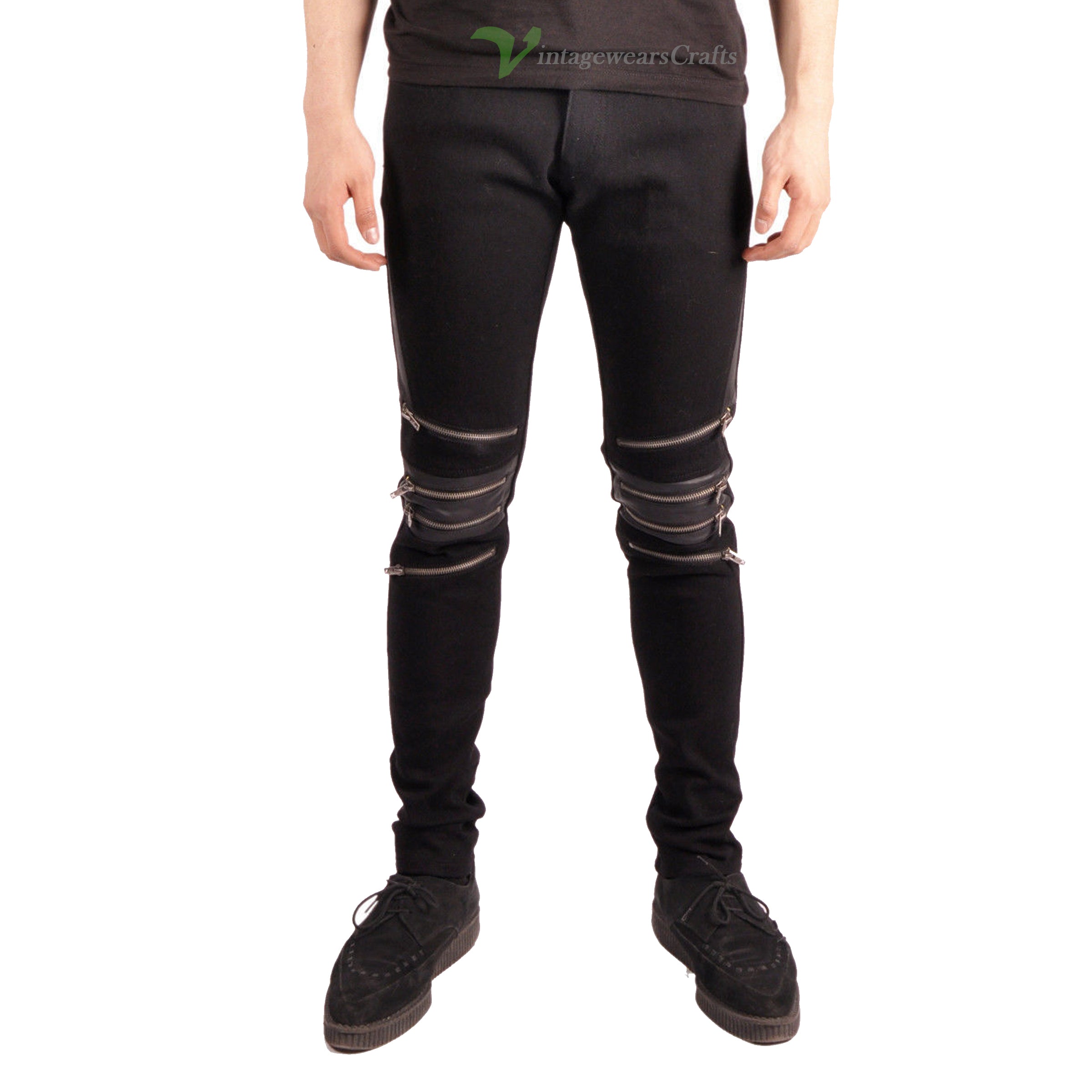 Gothic Moto Biker Jeans Skinny Zipper Punk Goth Vegi Leather Unisex Pants