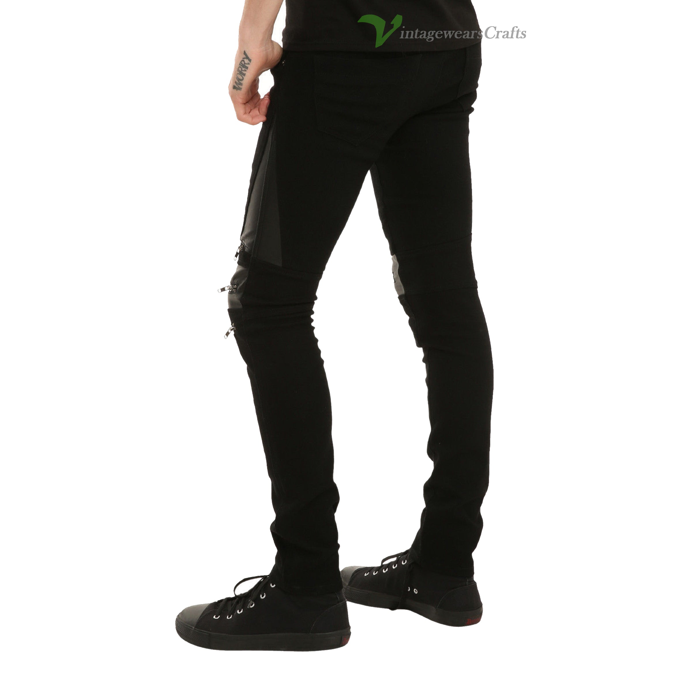 Gothic Moto Biker Jeans Skinny Zipper Punk Goth Vegi Leather Unisex Pants