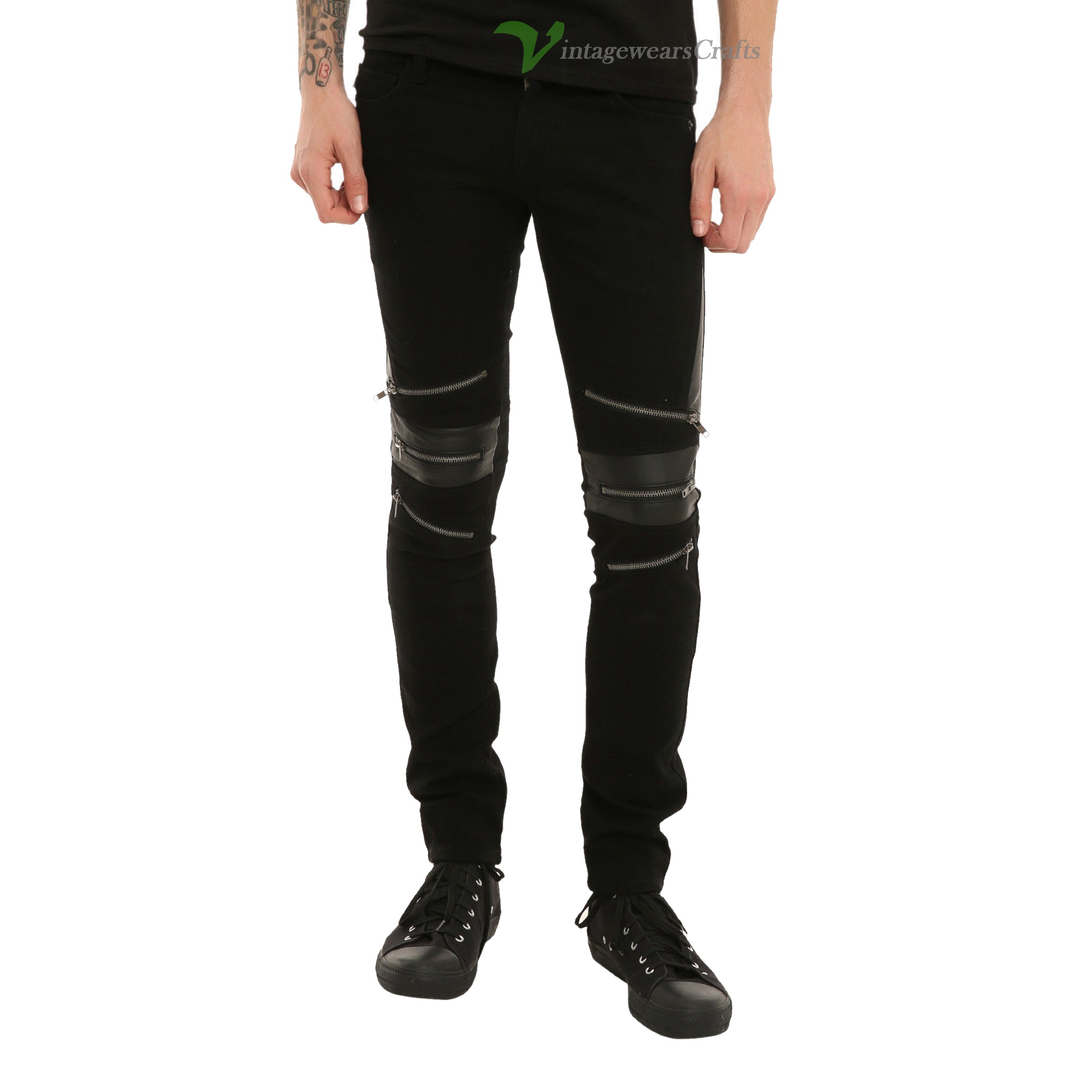 Gothic Moto Biker Jeans Skinny Zipper Punk Goth Vegi Leather Unisex Pants