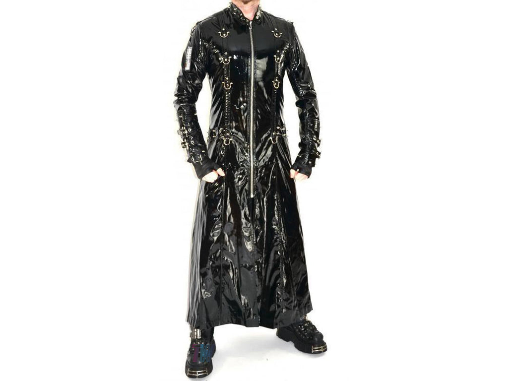 Gothic Vinyl PVC Hell Raiser Fetish EMO Spike Stud Coat Steampunk Latex Look Trench