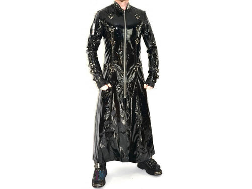 Gothic Vinyl PVC Hell Raiser Fetish EMO Spike Stud Coat Steampunk Latex Look Trench