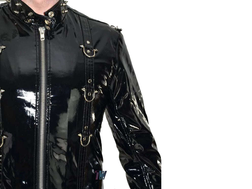 Gothic Vinyl PVC Hell Raiser Fetish EMO Spike Stud Coat Steampunk Latex Look Trench