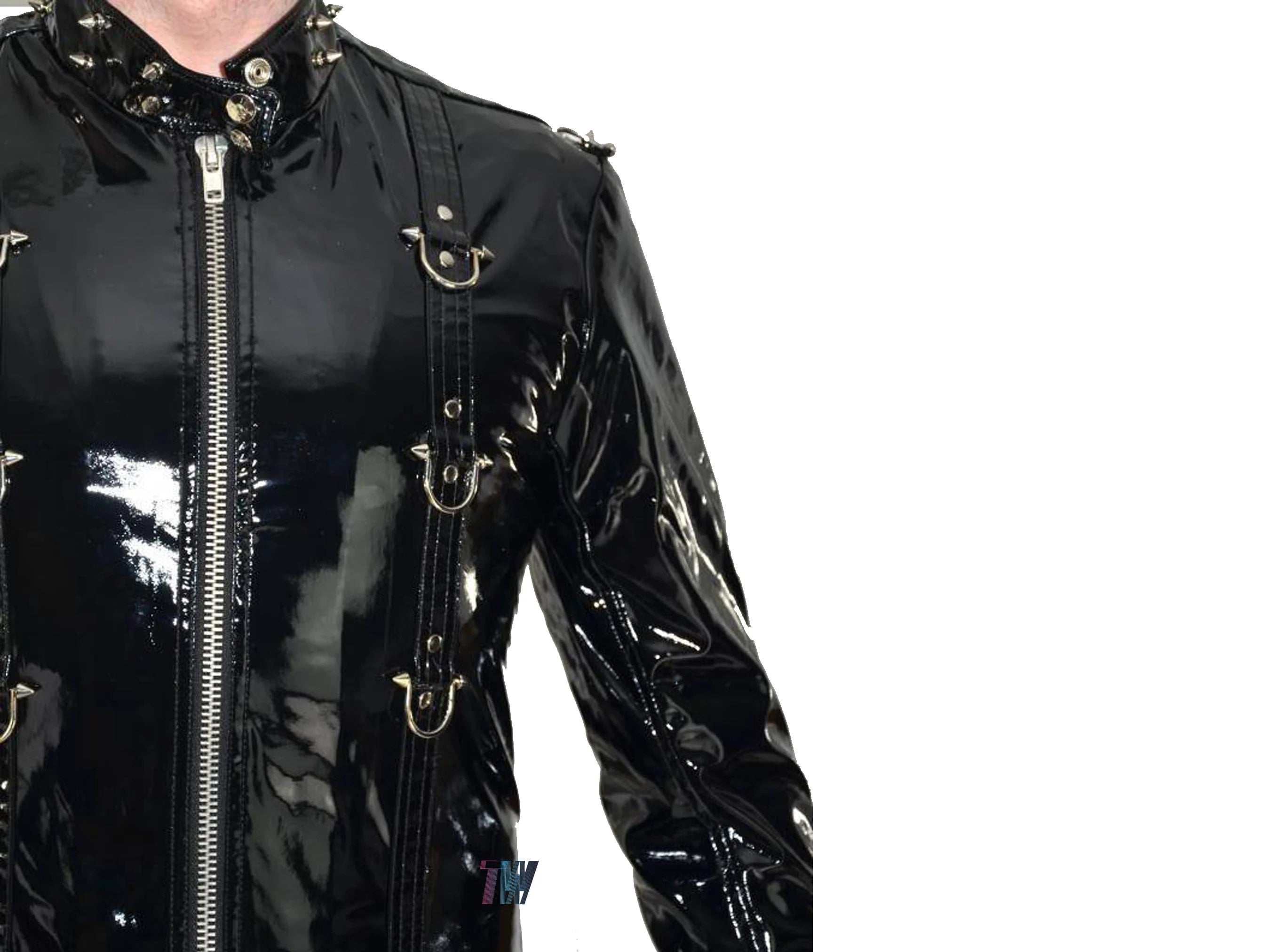 Gothic Vinyl PVC Hell Raiser Fetish EMO Spike Stud Coat Steampunk Latex Look Trench