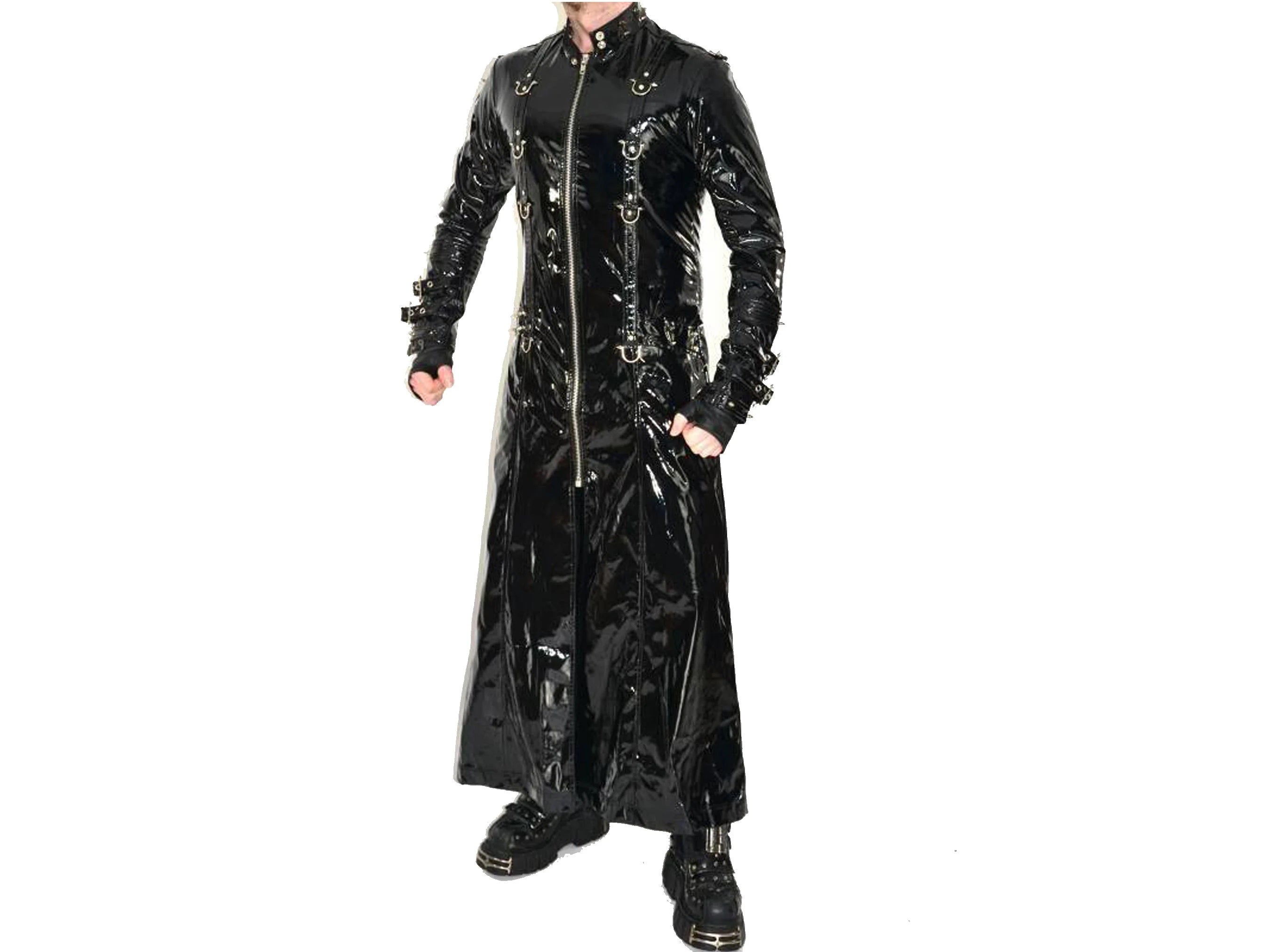 Gothic Vinyl PVC Hell Raiser Fetish EMO Spike Stud Coat Steampunk Latex Look Trench