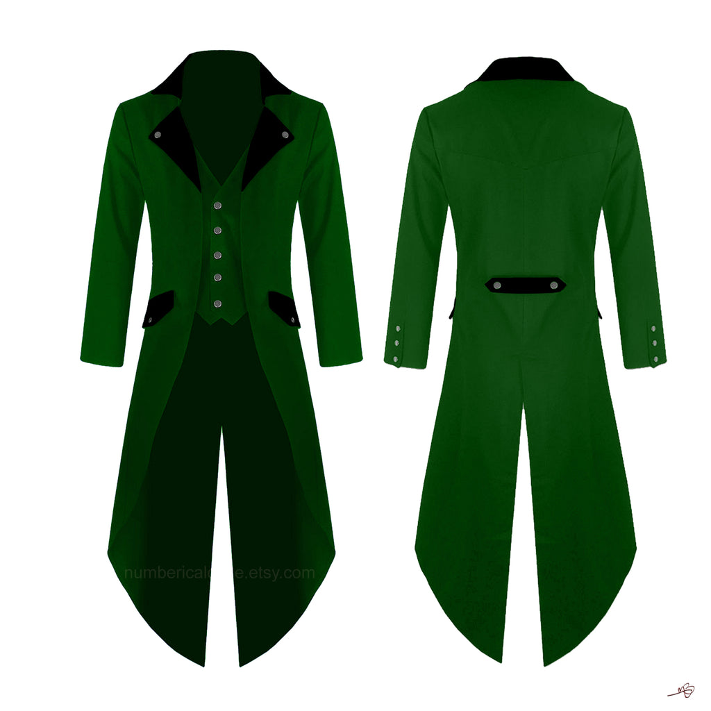 Men's Steampunk Tailcoat Jacket Red & Green Colors with Black Lapels Gothic Victorian Coat VTG