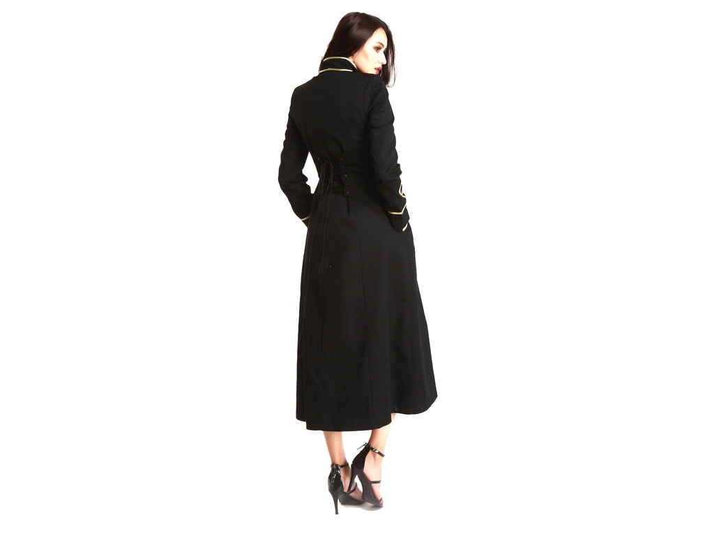 Ladies Black Long Gothic Coat Officer Hussar Steampunk Fashion Jacket Style Gold Gilding For Women