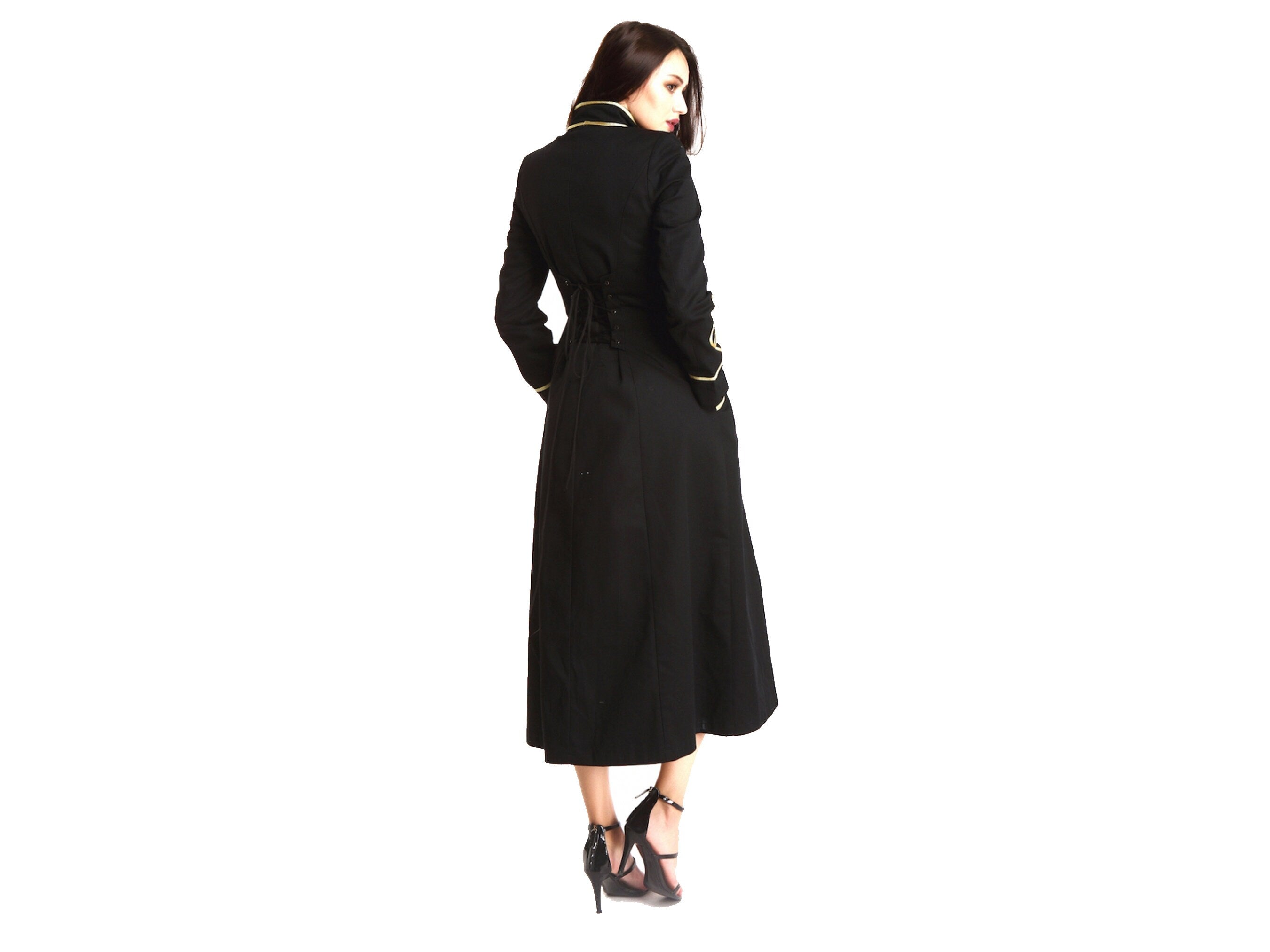 Ladies Black Long Gothic Coat Officer Hussar Steampunk Fashion Jacket Style Gold Gilding For Women