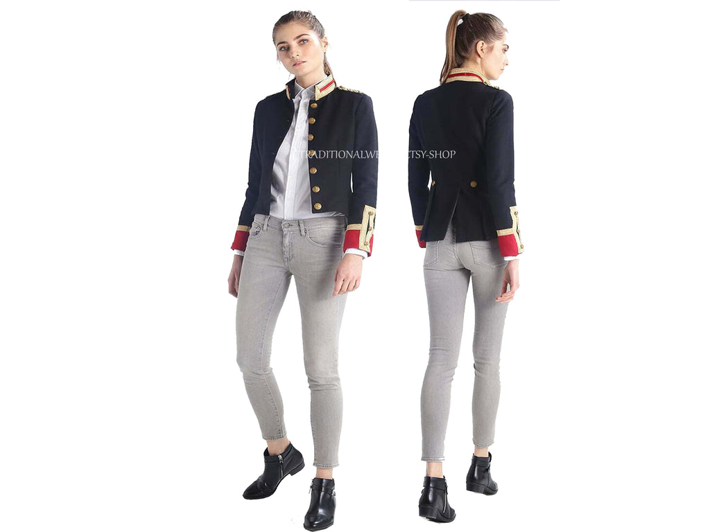 Ladies Black and Red Wool Military Commander Officer Hussar Gothic Blazer Banned Admiral Army Jacket